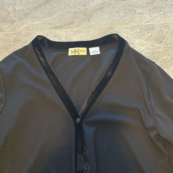 VINTAGE Black Button-Up Cardigan w/ Velvet Trim - Picture 4 of 4